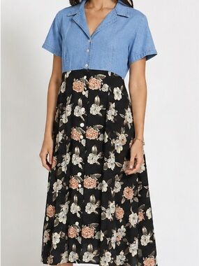 1990s floral and denim midi dress